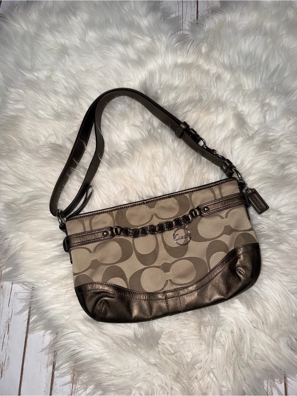 Coach East West Chain Duffle Handbag Purse F19724 Signature Khaki/Bronze
